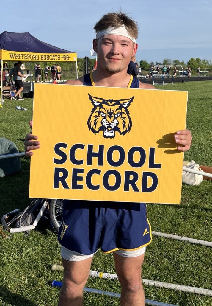 Whiteford's Stepan Masserant set a school record of 13-6 in the pole vault during wins over Morenci 127-9 and Britton Deerfield 119-17 on Wednesday, March 8, 2024.