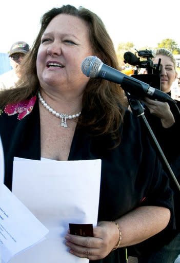 File photo of Australian mining magnate Gina Rinehart speaking at a rally in Perth. Rinehart, who is worth Aus$29.17 billion (US$29.20 billion) according to an annual index by Business Review Weekly, has so far been unable to secure a seat on the Fairfax board despite being the company's biggest shareholder