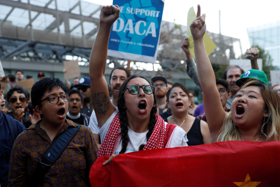Demonstrators chant during a rally against the rescission of the Deferred Action for Childhood Arrivals program at the San Francisco Federal Building on Sept. 5. (Photo: Stephen Lam / Reuters)