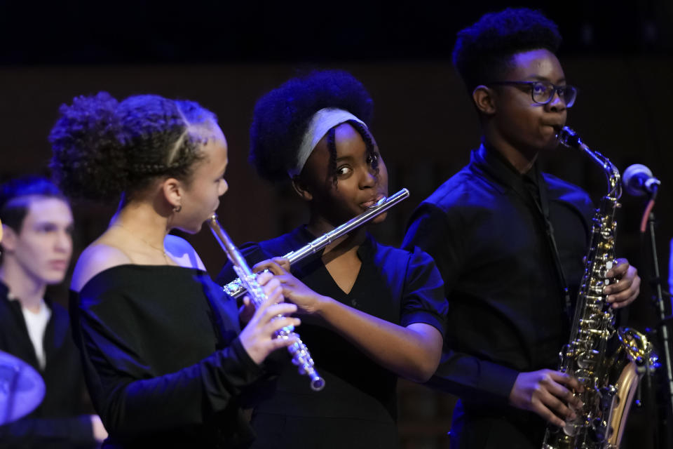 Students from the Ellis Maralis Center at The Musician's Village perform after Branford Marsalis was introduced as the new artistic director in New Orleans, Tuesday, Jan. 30, 2024. (AP Photo/Gerald Herbert)