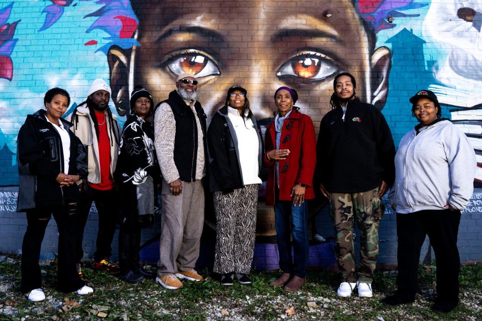 From left: The staff of Creative Visions, Calvetta Harris, Tim McCoy, Ivette Muhammad, Rep. Ako Abdul-Samad, April Wells, Cynthia Hunafa, Langston Hughes and Iesha Muhammad, stand for a portrait at Creative Visions on Nov. 2, 2023, in Des Moines.