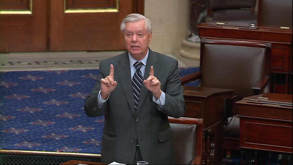 This image from Senate Television video shows Sen. Lindsey Graham, R-S.C., speaking on the Senate floor Wednesday, Nov. 1, 2023. Republican senators angrily challenged Sen. Tommy Tuberville on his blockade of almost 400 military officers Wednesday evening, taking over the Senate floor for hours to call for individual confirmation votes after a monthslong stalemate on the issue. (Senate Television via AP)