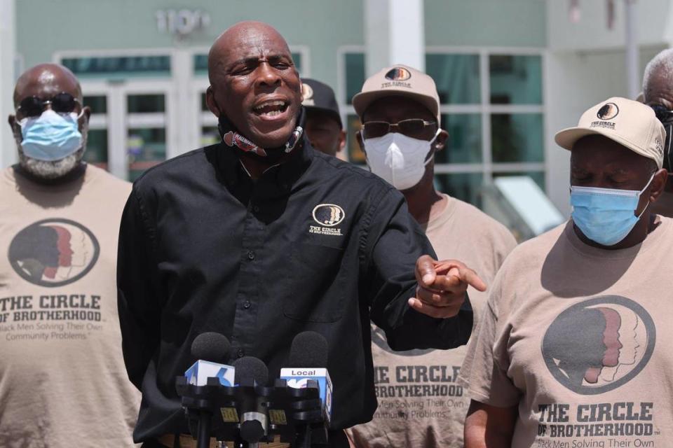 The executive director of the Circle of Brotherhood, Lyle Muhammad, holds a press conference outside of Miami Beach Police Department Headquarters prior to meeting with Miami Beach’s police chief on Wednesday, Aug. 4, 2021.