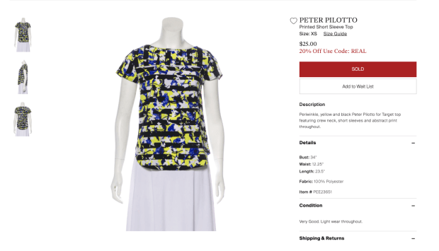 <em>A Peter Pilotto for Target top </em><em>listed on The RealReal as of June 24, 2019</em><em>. Photo: Screenshot/Fashionista</em>