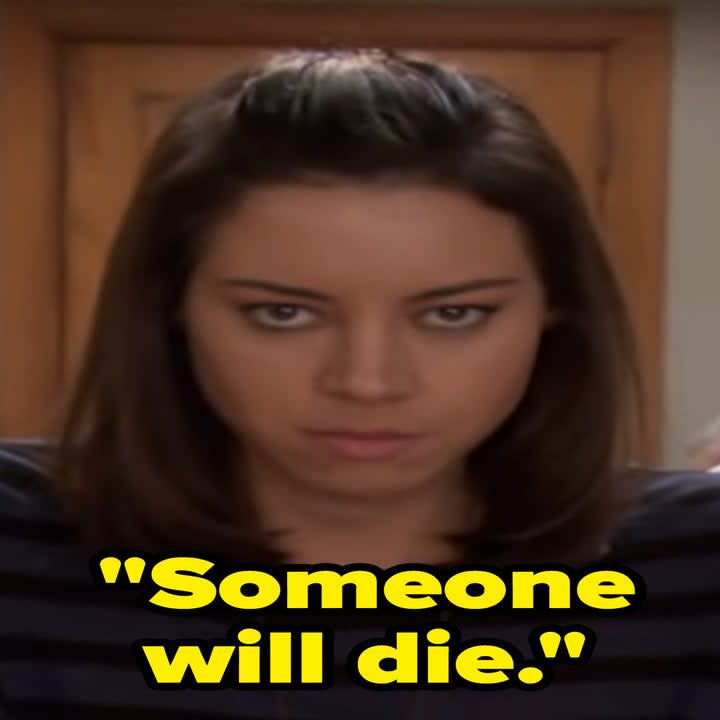 aubrey plaza as april on parks and rec looking at the camera sinisterly saying someone will die