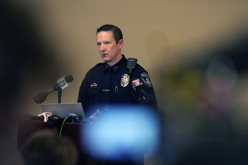 Michigan State University Interim Deputy Chief Chris Rozman addresses the media, late Monday, Feb. 13, 2023, in East Lansing, Mich. University police say multiple people have been reported injured in shootings on campus. (AP Photo/Carlos Osorio)