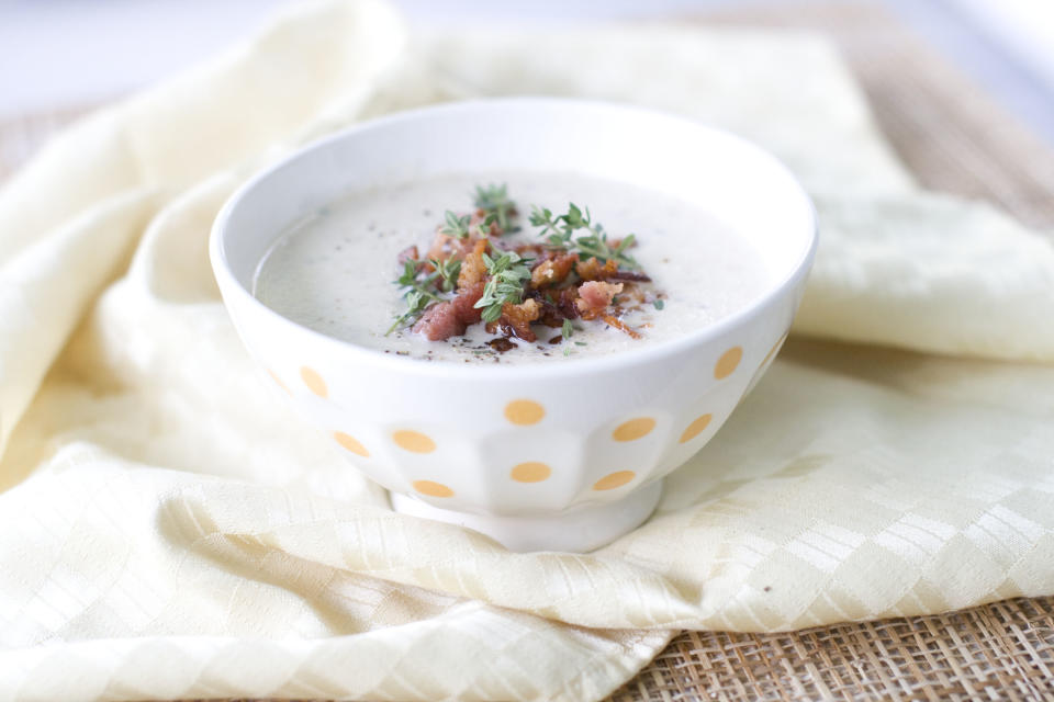 This Aug. 26, 2013 photo shows roasted cauliflower soup with bacon and thyme in Concord, N.H. (AP Photo/Matthew Mead)