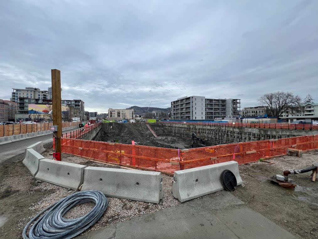 This massive hole is a foundation for UBC Okanagan's new downtown Kelowna high-rise. The shifting ground has caused damage to buildings nearby, according to the city. (Brady Strachan/CBC - image credit)