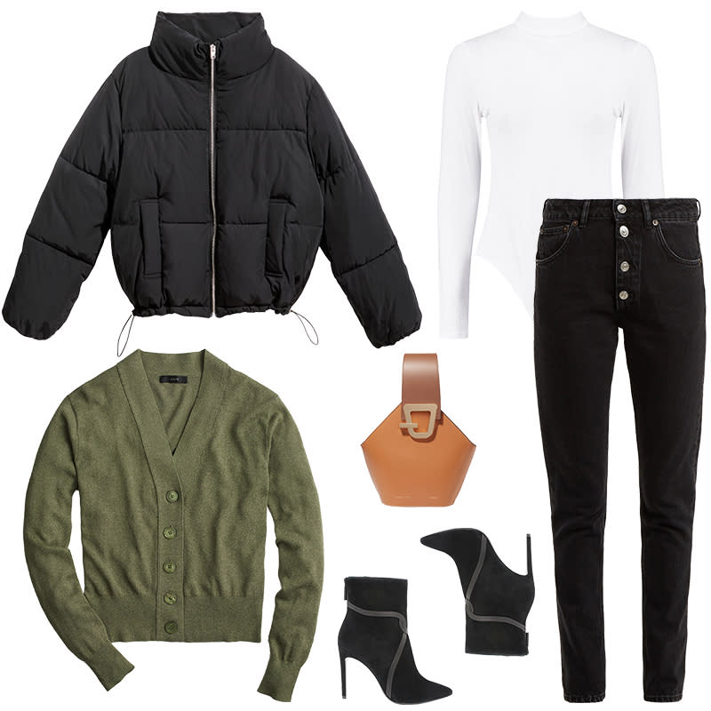 <a rel="nofollow noopener" href="http://www.anrdoezrs.net/links/3550561/type/dlg/http://us.boohoo.com/libby-turtle-neck-long-sleeve-basic-body/DZZ89988.html?color=123" target="_blank" data-ylk="slk:Libby Turtle Neck Long Sleeve Basic Body, Boohoo, $18A cropped puffer with adjustable drawstrings allows you to tighten and define the waist for a flattering silhouette. Utilize layering to beat the chill, starting with a high-neck bodysuit under a cardigan, paired with rigid skinny jeans. Finish off with booties and a structured bag.;elm:context_link;itc:0;sec:content-canvas" class="link ">Libby Turtle Neck Long Sleeve Basic Body, Boohoo, $18<p>A cropped puffer with adjustable drawstrings allows you to tighten and define the waist for a flattering silhouette. Utilize layering to beat the chill, starting with a high-neck bodysuit under a cardigan, paired with rigid skinny jeans. Finish off with booties and a structured bag.</p> </a><a rel="nofollow noopener" href="https://click.linksynergy.com/deeplink?id=30KlfRmrMDo&mid=2219&murl=https%3A%2F%2Fwww.jcrew.com%2Fp%2Fwomens_category%2Fsweaters%2Fcardigans%2Fcropped-lightweight-cardigan-sweater%2FH8594%3Fcolor_name%3Dfrosty-olive" target="_blank" data-ylk="slk:Cropped Lightweight Cardigan Sweater, J.Crew, $70A cropped puffer with adjustable drawstrings allows you to tighten and define the waist for a flattering silhouette. Utilize layering to beat the chill, starting with a high-neck bodysuit under a cardigan, paired with rigid skinny jeans. Finish off with booties and a structured bag.;elm:context_link;itc:0;sec:content-canvas" class="link ">Cropped Lightweight Cardigan Sweater, J.Crew, $70<p>A cropped puffer with adjustable drawstrings allows you to tighten and define the waist for a flattering silhouette. Utilize layering to beat the chill, starting with a high-neck bodysuit under a cardigan, paired with rigid skinny jeans. Finish off with booties and a structured bag.</p> </a><a rel="nofollow noopener" href="https://rstyle.me/n/cwukezchdw" target="_blank" data-ylk="slk:Padded Jacket, H&M, $50A cropped puffer with adjustable drawstrings allows you to tighten and define the waist for a flattering silhouette. Utilize layering to beat the chill, starting with a high-neck bodysuit under a cardigan, paired with rigid skinny jeans. Finish off with booties and a structured bag.;elm:context_link;itc:0;sec:content-canvas" class="link ">Padded Jacket, H&M, $50<p>A cropped puffer with adjustable drawstrings allows you to tighten and define the waist for a flattering silhouette. Utilize layering to beat the chill, starting with a high-neck bodysuit under a cardigan, paired with rigid skinny jeans. Finish off with booties and a structured bag.</p> </a><a rel="nofollow noopener" href="https://click.linksynergy.com/deeplink?id=30KlfRmrMDo&mid=37420&murl=https%3A%2F%2Fwww.matchesfashion.com%2Fus%2Fproducts%2FBalenciaga-Tube-jeans--1179238" target="_blank" data-ylk="slk:Tube Jeans, Balenciaga, $695A cropped puffer with adjustable drawstrings allows you to tighten and define the waist for a flattering silhouette. Utilize layering to beat the chill, starting with a high-neck bodysuit under a cardigan, paired with rigid skinny jeans. Finish off with booties and a structured bag.;elm:context_link;itc:0;sec:content-canvas" class="link ">Tube Jeans, Balenciaga, $695<p>A cropped puffer with adjustable drawstrings allows you to tighten and define the waist for a flattering silhouette. Utilize layering to beat the chill, starting with a high-neck bodysuit under a cardigan, paired with rigid skinny jeans. Finish off with booties and a structured bag.</p> </a><a rel="nofollow noopener" href="https://shoprachelzoe.com/shop/footwear/liana-suede-stiletto-ankle-boots/?attribute_pa_color=blk" target="_blank" data-ylk="slk:Liana Suede Stiletto Ankle Boots, Rachel Zoe, $398A cropped puffer with adjustable drawstrings allows you to tighten and define the waist for a flattering silhouette. Utilize layering to beat the chill, starting with a high-neck bodysuit under a cardigan, paired with rigid skinny jeans. Finish off with booties and a structured bag.;elm:context_link;itc:0;sec:content-canvas" class="link ">Liana Suede Stiletto Ankle Boots, Rachel Zoe, $398<p>A cropped puffer with adjustable drawstrings allows you to tighten and define the waist for a flattering silhouette. Utilize layering to beat the chill, starting with a high-neck bodysuit under a cardigan, paired with rigid skinny jeans. Finish off with booties and a structured bag.</p> </a><a rel="nofollow noopener" href="https://click.linksynergy.com/deeplink?id=30KlfRmrMDo&mid=24449&murl=https%3A%2F%2Fwww.net-a-porter.com%2Fus%2Fen%2Fproduct%2F1005385" target="_blank" data-ylk="slk:Johnny Mini Leather Bucket Bag, Danse Lente, $380A cropped puffer with adjustable drawstrings allows you to tighten and define the waist for a flattering silhouette. Utilize layering to beat the chill, starting with a high-neck bodysuit under a cardigan, paired with rigid skinny jeans. Finish off with booties and a structured bag.;elm:context_link;itc:0;sec:content-canvas" class="link ">Johnny Mini Leather Bucket Bag, Danse Lente, $380<p>A cropped puffer with adjustable drawstrings allows you to tighten and define the waist for a flattering silhouette. Utilize layering to beat the chill, starting with a high-neck bodysuit under a cardigan, paired with rigid skinny jeans. Finish off with booties and a structured bag.</p> </a>