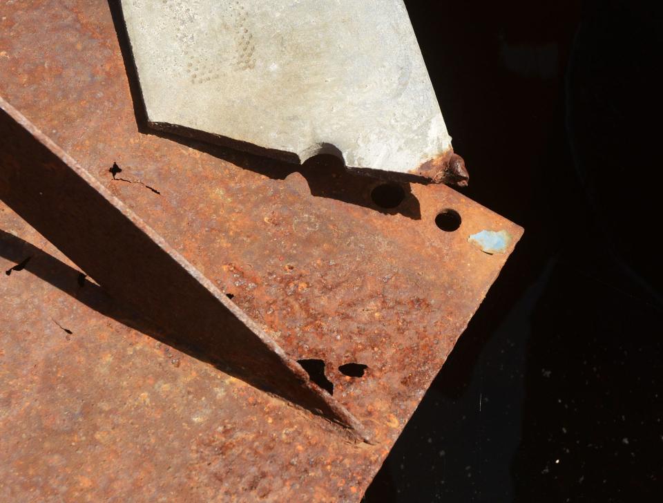 Metal repairs needed by a piling on a floating dock Monday at Howard T. Brown Memorial Park in downtown Norwich. Repairs are planned in the 2022-2023 budget with 20% city and 80% state funding.