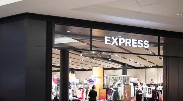 the storefront of an Express store in a mall. EXPR stock