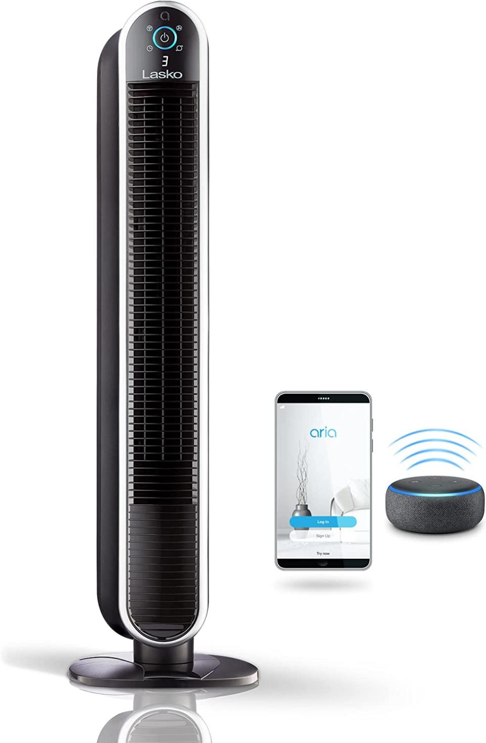  Lasko 40” Smart Oscillating Tower Fan Powered by Aria, Wi-Fi Connected, Voice Controlled, Compatible with Alexa and Google Assistant, Timer, 5-Speeds, Black.