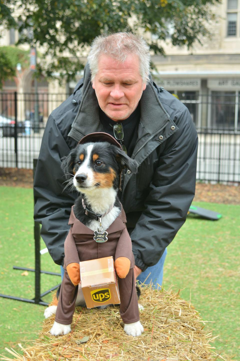 A dog dressed in costume at the Grand Circus Dog Park Howl-O-Ween costume party.