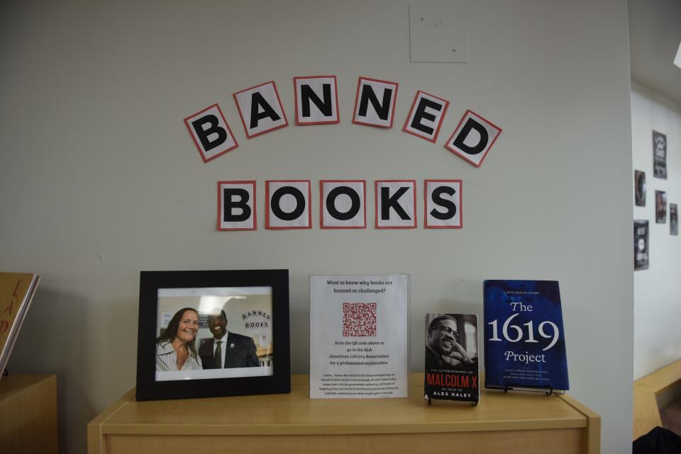 Como Senior High School's "banned book" section where titles that have been banned across the country set on the shelf in St. Paul Minn. on March 21, 2024.