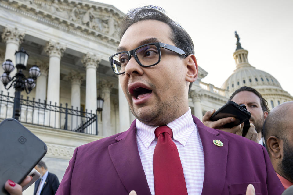 FILE - Rep. George Santos, R-N.Y., speaks to reporters outside the Capitol, in Washington, May 17, 2023. The House Ethics panel says it has found “substantial evidence” of lawbreaking by Republican Rep. George Santos of New York and has referred its findings to the Justice Department. (AP Photo/J. Scott Applewhite, File)