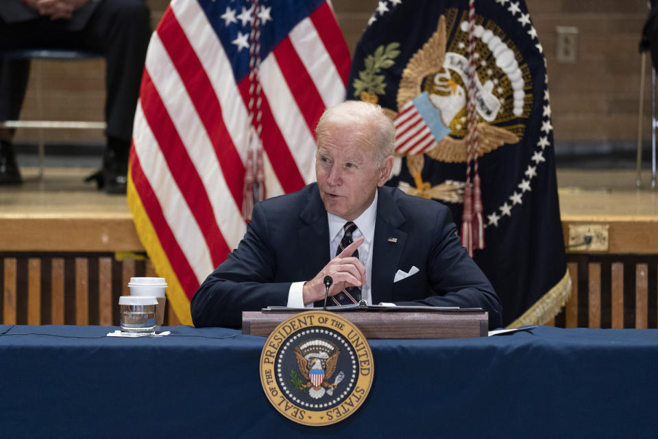 President Joe Biden speaks at an event to discuss gun violence strategies, at police headquarters, Thursday, Feb. 3, 2022, in New York. (AP Photo/Alex Brandon)