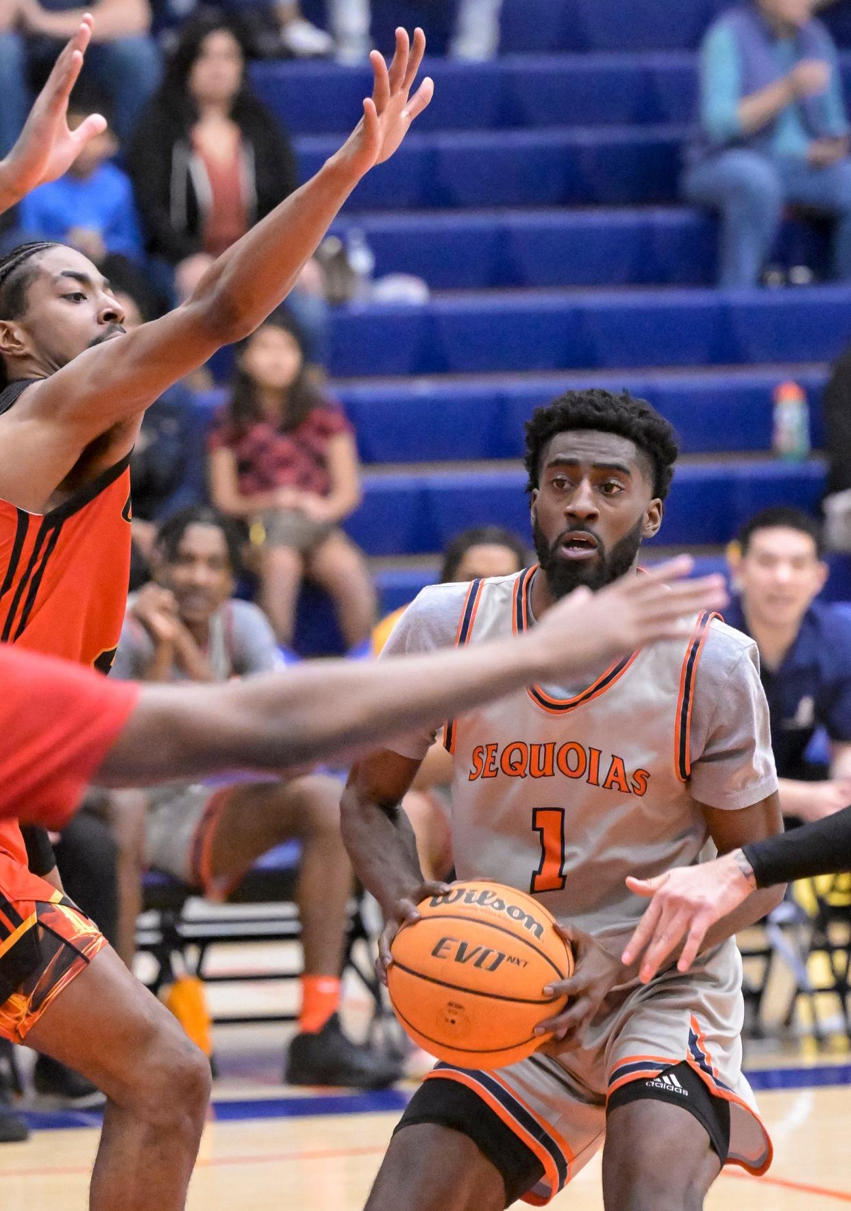 College of the Sequoias'  Javohn Garcia (1) plays against Columbia in a Central Valley Conference junior college men’s basketball game on Wednesday, January 4, 2023.