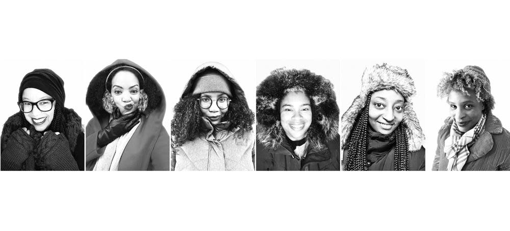 This combination of photos show, from left, Dhonielle Clayton, Tiffany D. Jackson, Nic Stone, Angie Thomas, Ashley Woodfolk and Nicola Yoon, co-authors of the novel “Whiteout.” (Tiffany D. Jackson via AP)