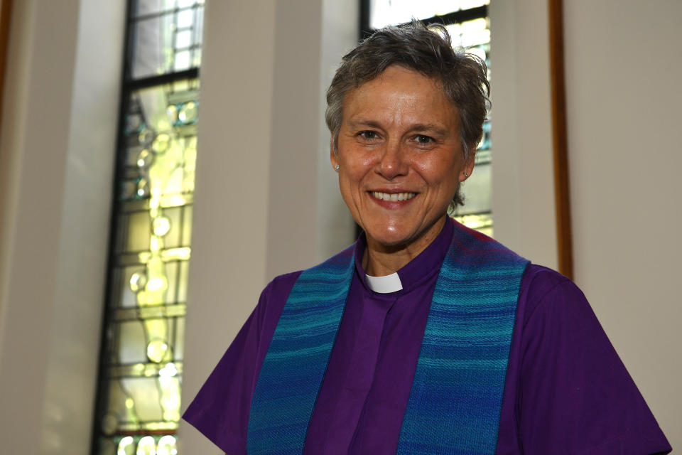 Reverend Lori Kyle, the minister of the First Unitarian Church in Louisville, Ky., is photographed Thursday, Oct. 1, 2020. The church has for months played a background role in the protest movement in a downtown square a mile away that demonstrators have occupied in honor of Breonna Taylor, the 26-year-old emergency medical technician killed in her home when police burst through her door in the middle of the night in a botched drug raid. (AP Photo/Timothy D. Easley)