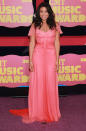 Jordin Sparks showcased her newly trim physique in an off-the shoulder chiffon gown. Can you say pretty in peach?