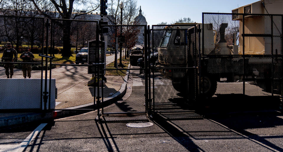 Fences and concrete barriers have been erected to block the public from parts of Downtown Washington. Source: AAP