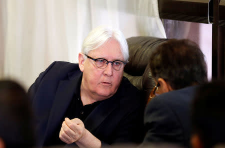 U.N. envoy to Yemen Martin Griffiths listens to the undersecretary of Houthi-led government's foreign ministry, Faisal Amin Abu-Rass upon his arrival at Sanaa airport in Sanaa, Yemen June 16, 2018. REUTERS/Khaled Abdullah