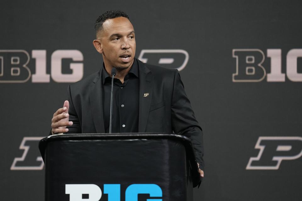 Purdue head coach Ryan Walters speaks during an NCAA college football news conference at the Big Ten Conference media days at Lucas Oil Stadium, Thursday, July 27, 2023, in Indianapolis. (AP Photo/Darron Cummings)