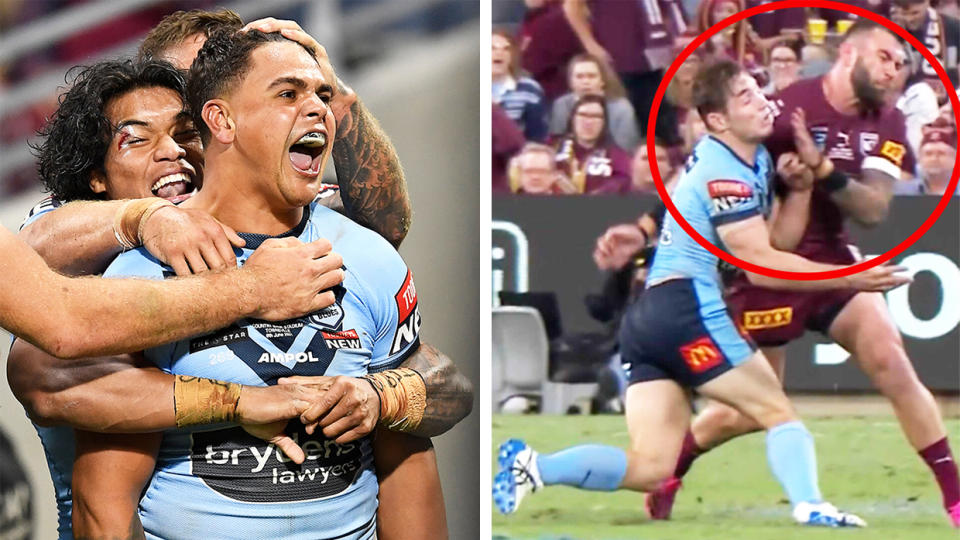 Latrell Mitchell (pictured left) celebrates a try and (pictured right) Kyle Feldt tackling Cameron Murray.