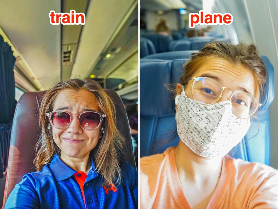 the author sits on a train (L) and a plane