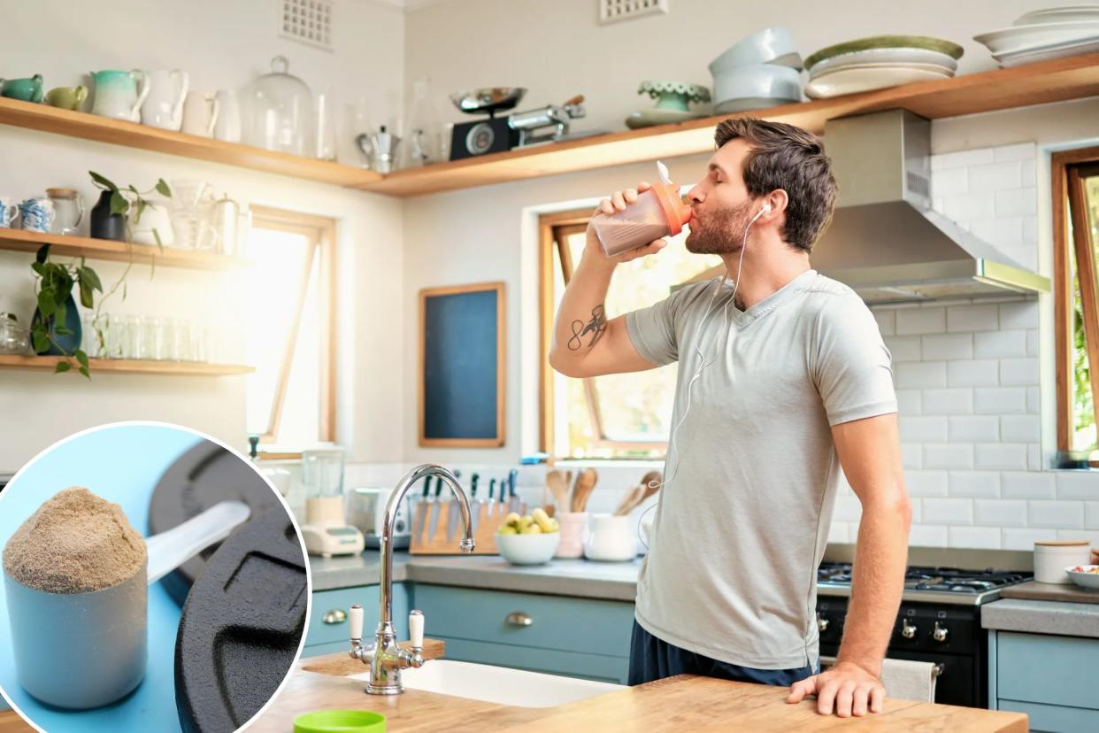 Man drinking protein shake with inset of protein