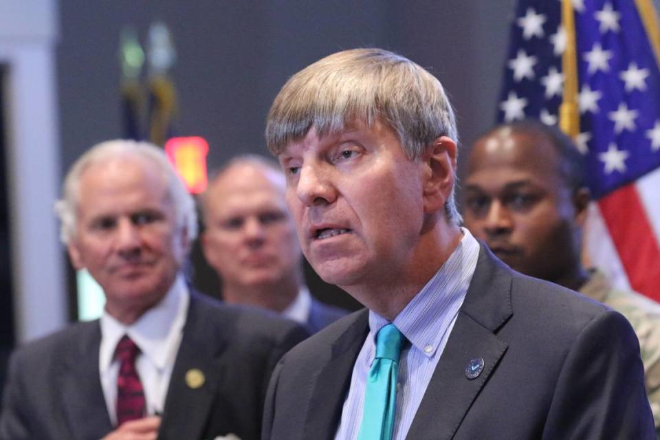 DHEC Director Dr. Edward Simmer delivers an update on the state of the coronavirus during a news conference at the South Carolina Emergency Operations Center in June 2021.