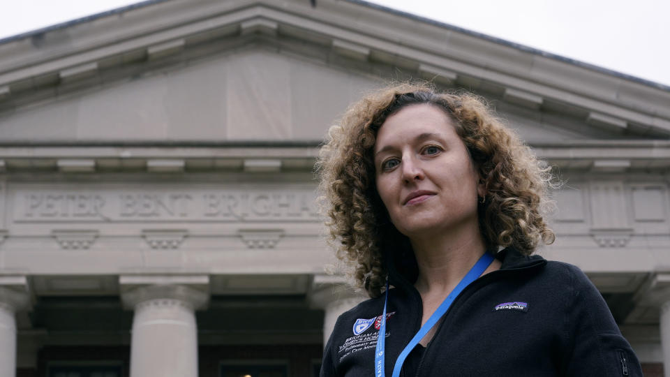 Dr. Daniela Lamas, a writer for the medical television drama "The Resident," poses outside the Brigham and Women's Hospital, Monday, Jan. 11, 2021, in Boston. The series kicks off its fourth season Tuesday with a pandemic storyline. (AP Photo/Charles Krupa)