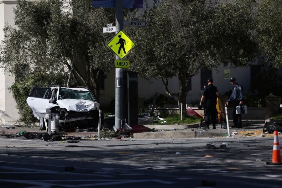 An SUV crashed into Muni’s West Portal Station, killing three family members on Saturday, March 16, 2024. (Benjamin Fanjoy /San Francisco Chronicle via AP)