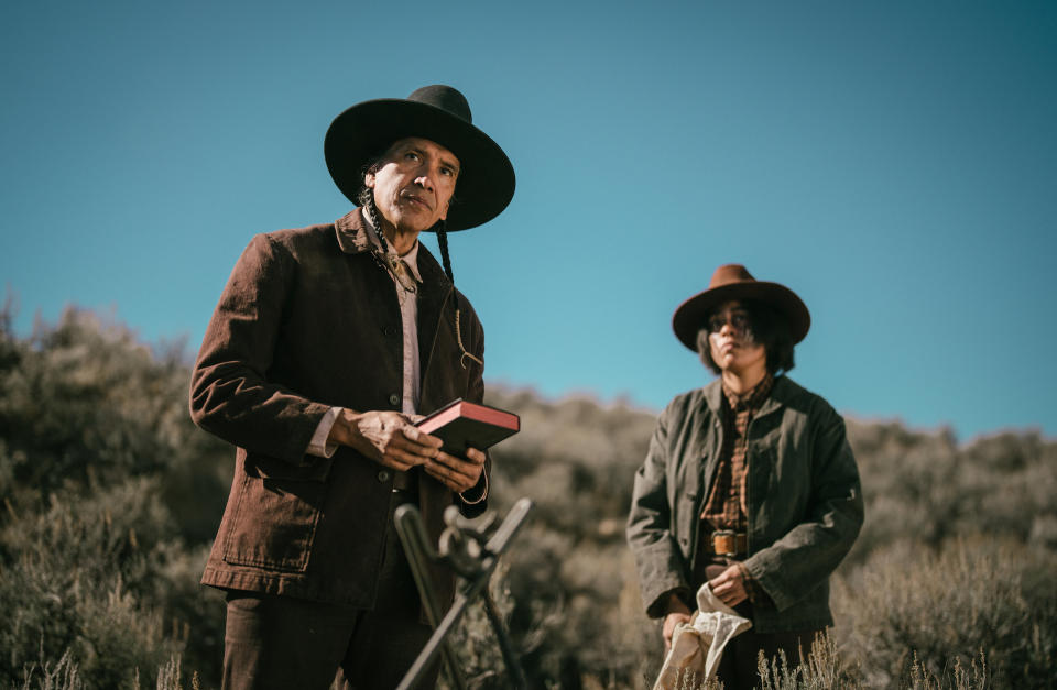 If “1923” is a Red State show, it’s one of the least churchy imaginable: Teonna, who later meets up with Michael Greyeyes’ Hank, beats Sister Mary to death with Bibles stuffed in a pillowcase. - Credit: Christopher Saunders/Paramount+