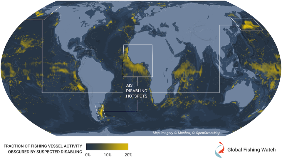 This map shows the fraction of fishing vessel activity hidden by AIS disabling events from 2017 to 2019. Heavy AIS disabling occurred adjacent to Argentina, West African nations and in the northwest Pacific – three regions where illegal fishing is common. In contrast, the disabling hot spot near Alaska occurs on intensively managed fishing grounds and likely represents vessels going dark to avoid competition with other boats. Global Fishing Watch, <a href="http://creativecommons.org/licenses/by-nd/4.0/" rel="nofollow noopener" target="_blank" data-ylk="slk:CC BY-ND;elm:context_link;itc:0;sec:content-canvas" class="link ">CC BY-ND</a>