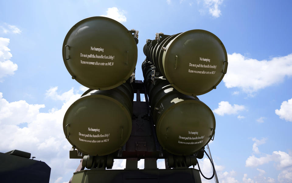 HQ-22 anti-aircraft systems, whose export version is known as FK-3, during the military exercises on Batajnica, military airport near Belgrade, Serbia, Saturday, April 30, 2022. Serbia on Saturday publicly displayed a recently delivered Chinese anti-aircraft missile system, raising concerns in the West and among some of Serbia's neighbors that an arms buildup in the Balkans could threaten fragile peace in the region. (AP Photo/Darko Vojinovic)