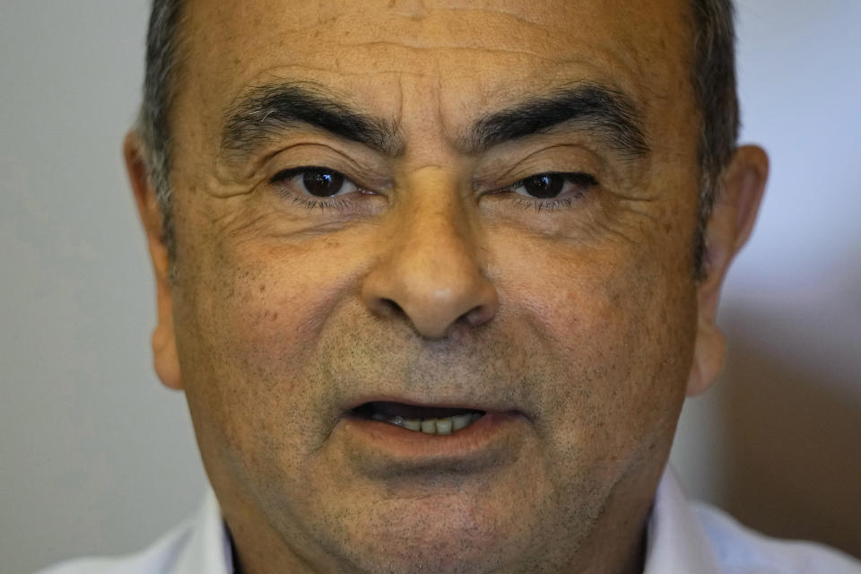 FILE - Former Nissan executive Carlos Ghosn speaks during an interview with The Associated Press in Beirut, Lebanon on June 23, 2023. Lebanese judicial authorities have questioned two people at the request of Turkey on suspicion of being involved in the 2019 escape of auto tycoon Carlos Ghosn from Japan to Lebanon, judicial officials said Friday, Sept. 8, 2023. (AP Photo/Hassan Ammar, File)