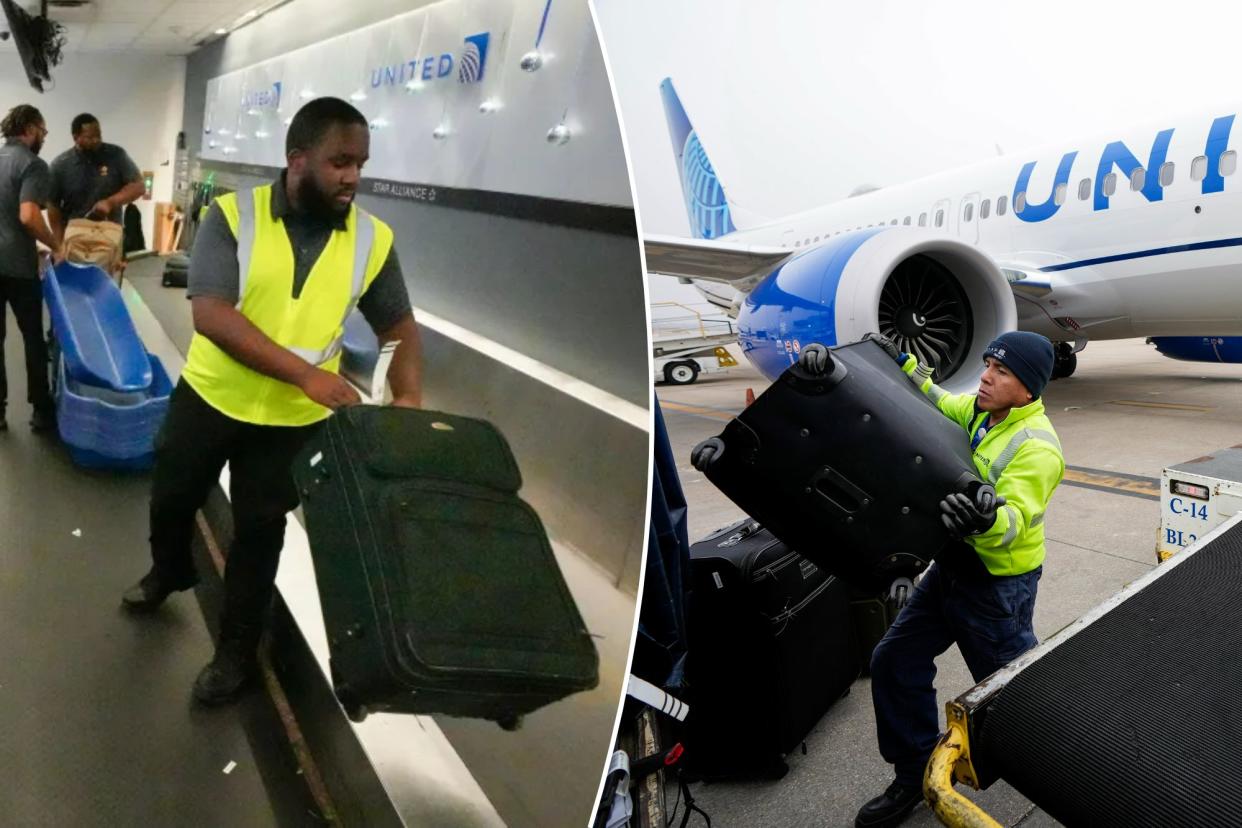 United Airlines workers handling bags