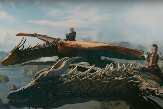 <p>Mountain Dew</p> Aubrey Plaza and Nick Offerman Have a Parks and Rec Reunion Riding Dragons in Mountain Dew Super Bowl Commercial