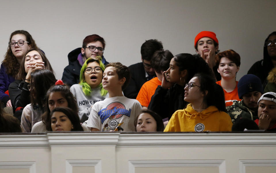 Students in March filled the hearing room inside the Massachusetts Statehouse in Boston to demand action on gun violence as part of a nationwide school walkout. Massachusetts lawmakers recently invested an additional $10 million in community-based violence prevention. (Photo: Boston Globe via Getty Images)