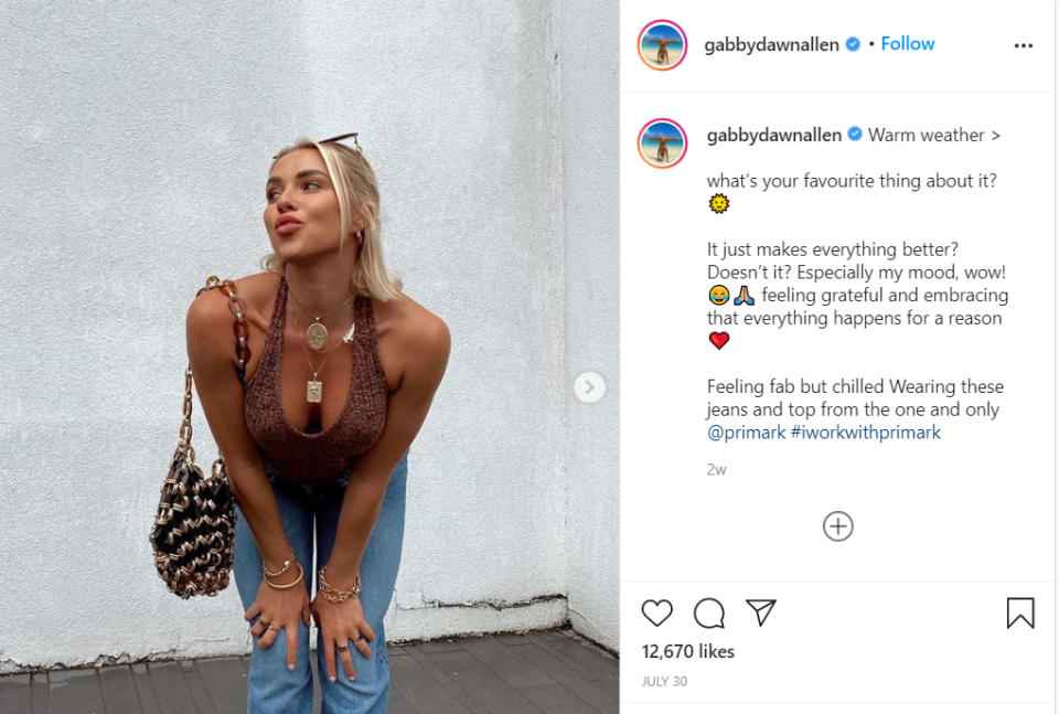 Gabby Allen's Instagram post for Primark