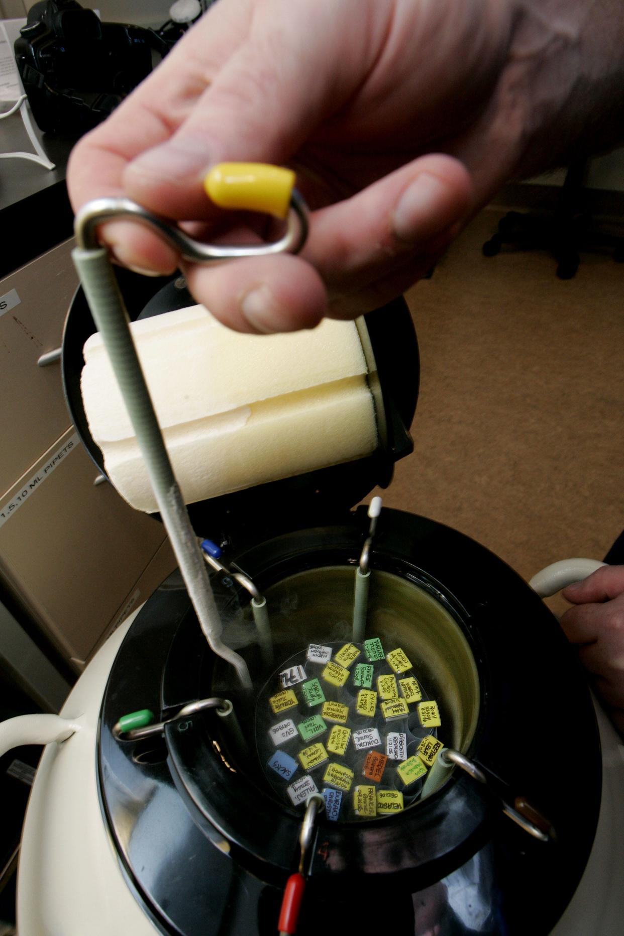 Embryologist Ric Ross pulls out vials of human embryos from a liquid nitrogen storage container at the La Jolla IVF Clinic in 2007. The clinic accepts donated embryos from around the country through The Stem Cell resource, which are then given to stem cell research labs for research.