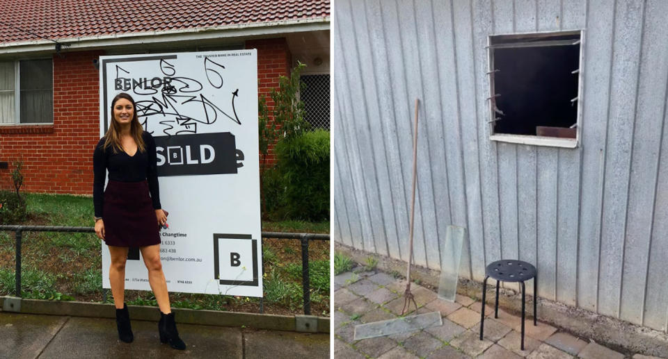 A photo of a Victorian homeowner at the front of her property which was sold and has a 'sold' sign. A photo of the property's shed, which was broken into.