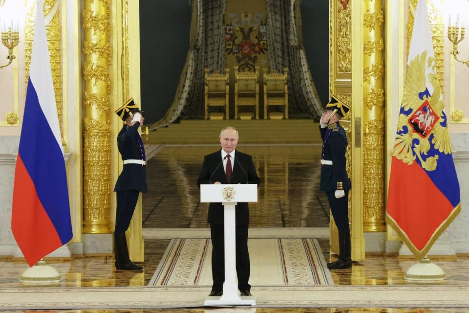 Russia's President Vladimir Putin delivering a speech during a ceremony to receive credentials from newly appointed foreign ambassadors (POOL/AFP via Getty Images)