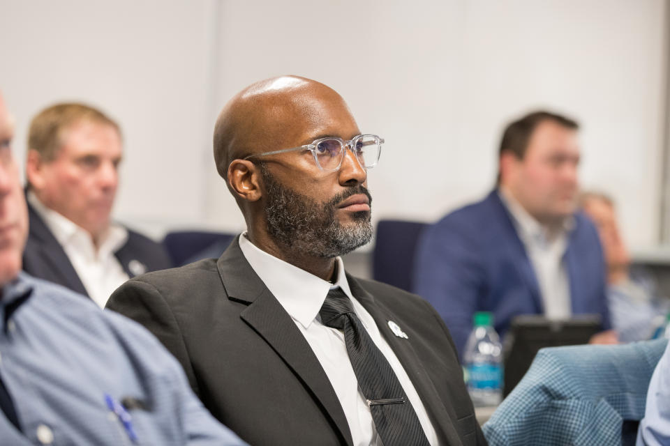 Brad Holmes of the Los Angeles Rams during the third round of the NFL Draft from the Rams War Room, Friday, April 27, 2018, in Thousand Oaks, CA. (Rams)