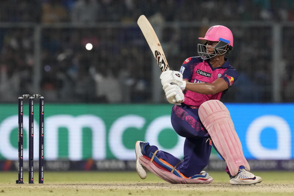 Rajasthan Royals' Yashasvi Jaiswal bats during the Indian Premier League cricket match between Kolkata Knight Riders and Rajasthan Royals in Kolkata, India, Thursday, May 11, 2023. (AP Photo/Bikas Das)