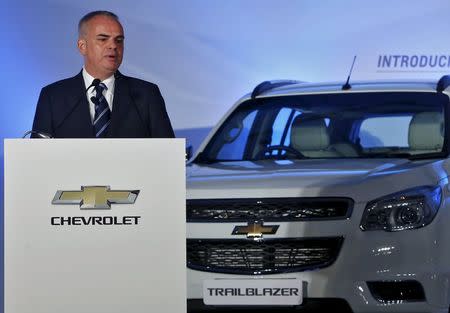 General Motors Chief of International Operations Stefan Jacoby speaks next to the company's "Trailblazer" sports-utility vehicle during a news conference in New Delhi, India, July 29, 2015. REUTERS/Anindito Mukherjee