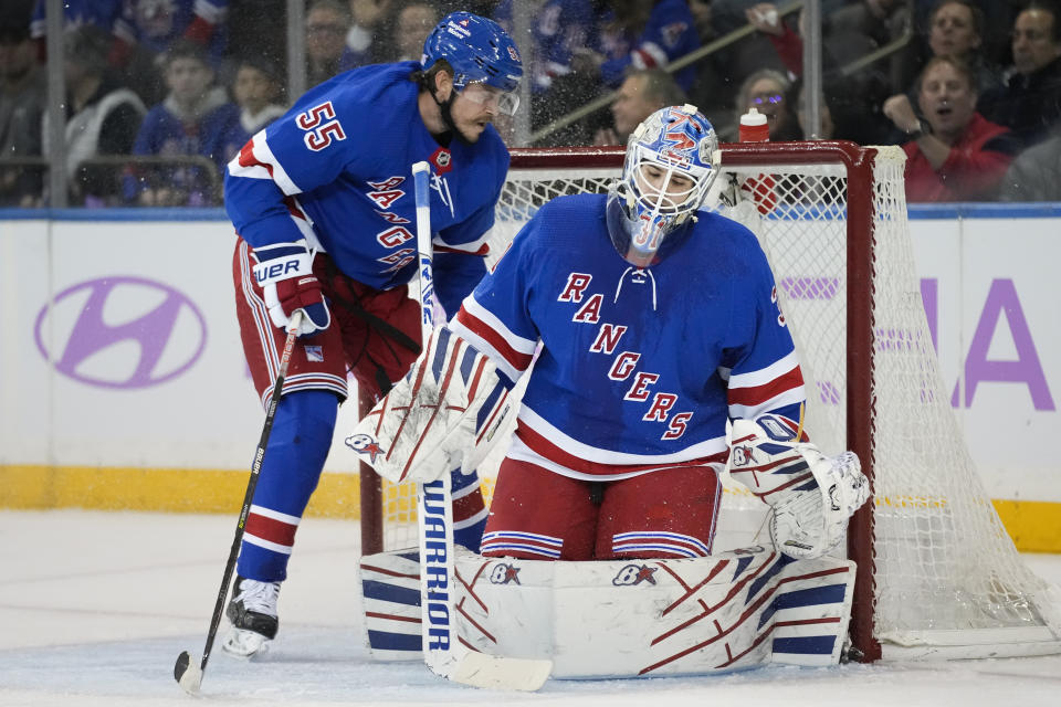 New York Rangers goaltender Igor Shesterkin (31) reacts after giving up a goal to New Jersey Devils center Jack Hughes in the second period of an NHL hockey game, Monday, Nov. 28, 2022, in New York. (AP Photo/John Minchillo)