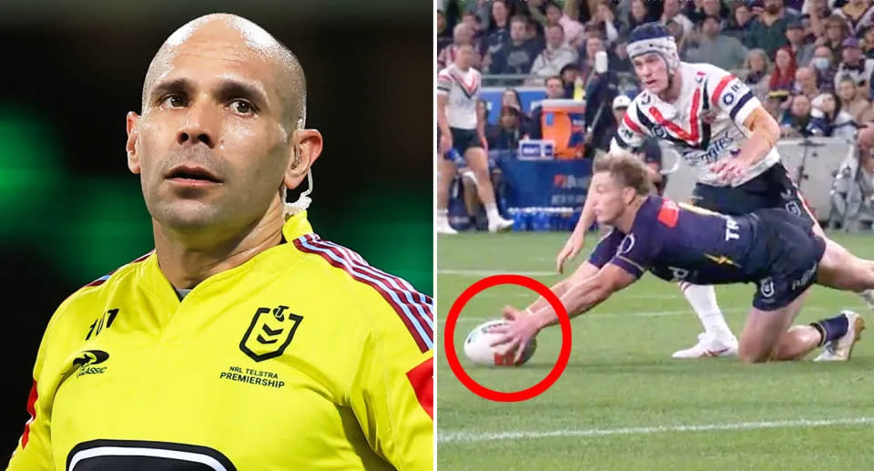 Ashley Klein (pictured left) missed a glaring knock-on by Harry Grant in Melbourne's NRL semi-final victory. (Images: AAP/Nine)