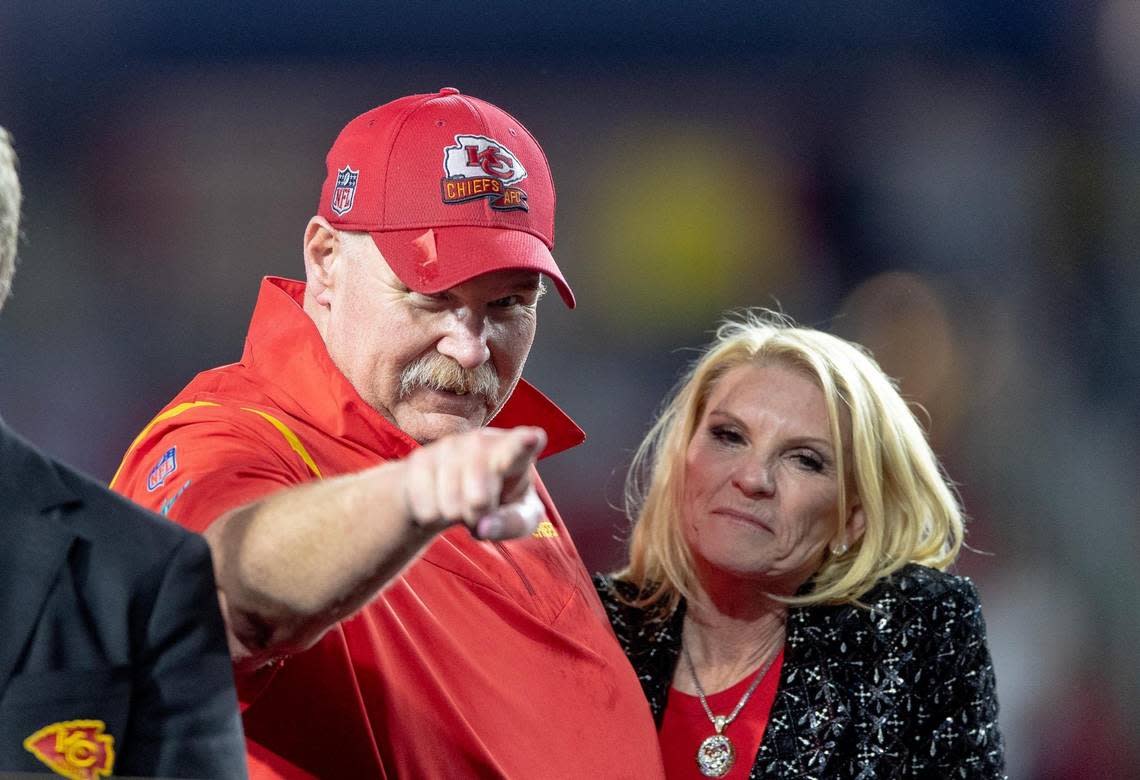 Kansas City Chiefs head coach Andy Reid celebrated with his wife, Tammy, after his team defeated the Philadelphia Eagles in Super Bowl LVII. He continued the celebration the next night at Pizza 51.
